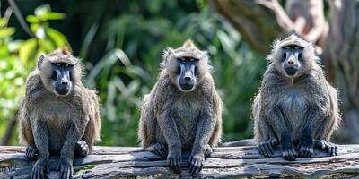 Trio of Baboons Resting on a Tree Log photo