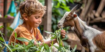 Boy feeding a goat in rustic farm setting photo