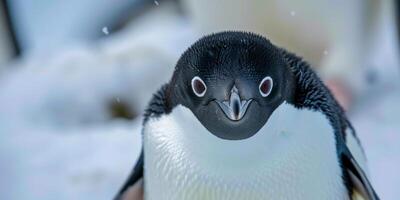 Front View of Adelie Penguin in Antarctic Snow photo