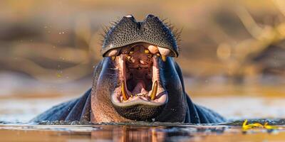 Aggressive hippo displaying dominance in river photo