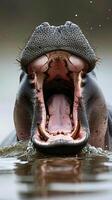 Intense close-up of a hippo yawning in the water photo
