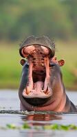 Hippopotamus with open mouth and water splashes photo