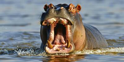 Powerful hippo with wide open mouth in water photo