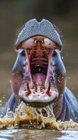 Yawning hippopotamus in river, showing teeth and tongue photo
