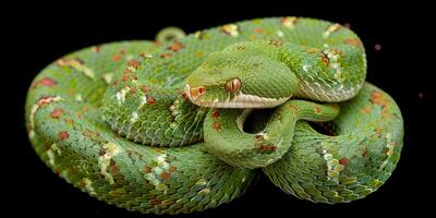 Coiled green pit viper with intricate scale patterns photo