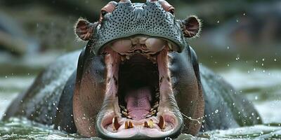 Angry hippo with wide open mouth in the river photo
