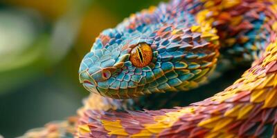 Macro view of multicolored snake scales and eye details photo