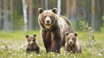 Brown bear with two cubs walking through a flower-filled meadow photo