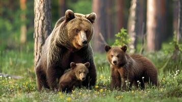 Mother brown bear and cubs exploring forest edge photo