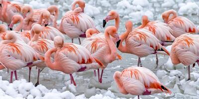 Flock of flamingos in a snowy setting photo