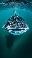 Whale shark swimming underwater with reflection on surface photo