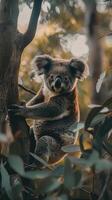 Koala bear climbing a tree in Australian eucalyptus forest photo