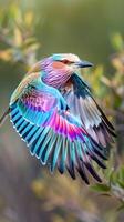 Colorful lilac-breasted roller in flight with vibrant plumage photo