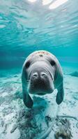 Underwater Close-Up of Manatee in Crystal Clear Water photo