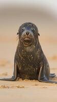 Adorable baby seal sitting on sandy beach, looking at camera photo