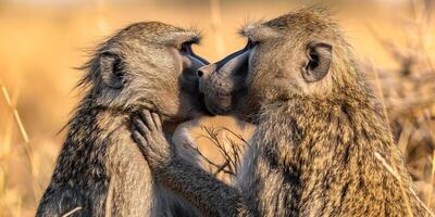 Two baboons embracing and touching heads tenderly photo
