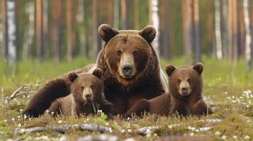 Eurasian brown bear mother resting with cubs in forest clearing photo