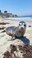 Close-up of a harbor seal on a sunny beach with ocean waves in the background photo