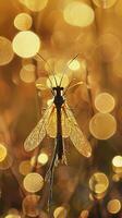 Golden silhouette of a delicate insect with bokeh background photo