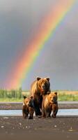 Bears strolling along the shore with vibrant rainbow above photo