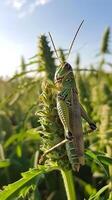 Green grasshopper sitting on a plant in a sunny field photo