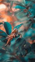Grasshopper perched on a green leaf with vibrant background photo