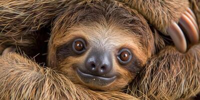 Adorable sloth cuddled up with soft fur and innocent expression photo