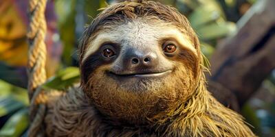 Happy sloth smiling while hanging on a tree branch in the jungle photo