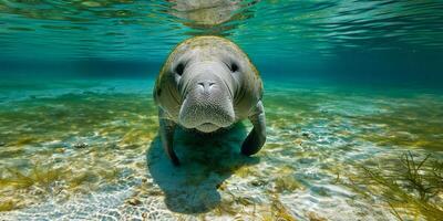 Manatee floating peacefully in shallow tropical waters photo