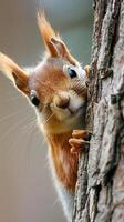 Curious red squirrel peeking from tree trunk in forest photo