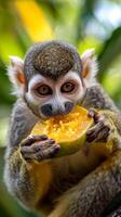 Monkey with fruit in hand in dense forest photo