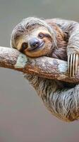 Relaxed sloth smiling on tree photo