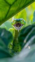 Green vine snake ready to attack in dense foliage photo