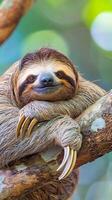 Cute sloth hanging on tree branch photo