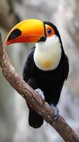 Toucan perched on branch in rainforest photo