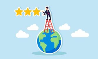 Top rating, three star, best among competitors, and most recognized by customers concept of A businessman placing three stars in the sky to show he is the best in the world vector