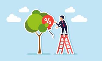 Securing discounts, a discount hunter, price reductions concept of A businessman looking for a discount, represented by a balloon stuck on a tree branch vector