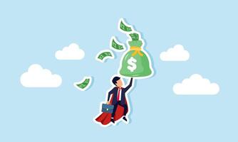 Top contributor to income in a business, venture, or company concept of A businessman like Superman, flying with a money bag overflowing in the sky vector