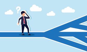 Choosing business directions involves making decisions and growth, navigating the paradox of choice, concept of Confused businessman contemplating a decision with multiple routes ahead vector