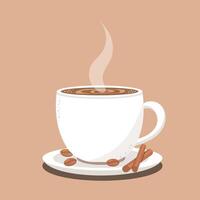 Cup of coffee with coffee beans and cinnamon. illustration vector