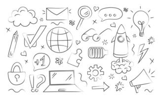 Doodle set with internet elements. Web technology concept. Black and white hand-drawn illustration. vector