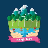 Happy Earth Day. Planet Earth with trees, fir trees, bushes, boats, and clouds. for nature and the environment. Ecological awareness. Save our planet vector