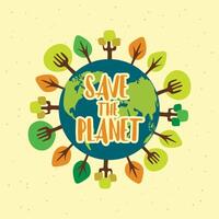 Planet earth with trees in a circle, icon planet earth, ecology, tree, stone, mountain, ocean, land, globe. Flat design vector