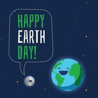 Happy Earth Day. Ecology concept. Design with globe map drawing and leaves on a dark background. vector