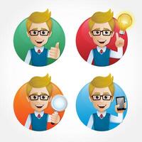 Cartoon businessman in various poses. A young man in business attire, holding a tablet, using a cell phone or gesturing. Happy businessman concept. Cartoon character. vector