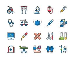 Medical tools and equipment icon set in outline color style vector
