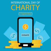 illustration graphic of donation via smartphone, showing coins scattered around, perfect for international day, international day of charity, celebrate, greeting card, etc vector