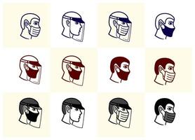 Man Head using Face Shield and Health Mask silhouette illustration set vector