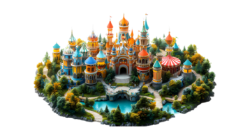 isometric style a cartoon castle on a small island png
