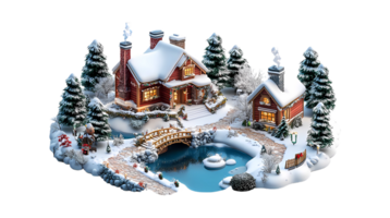 isometric style a christmas village with a house and a bridge png